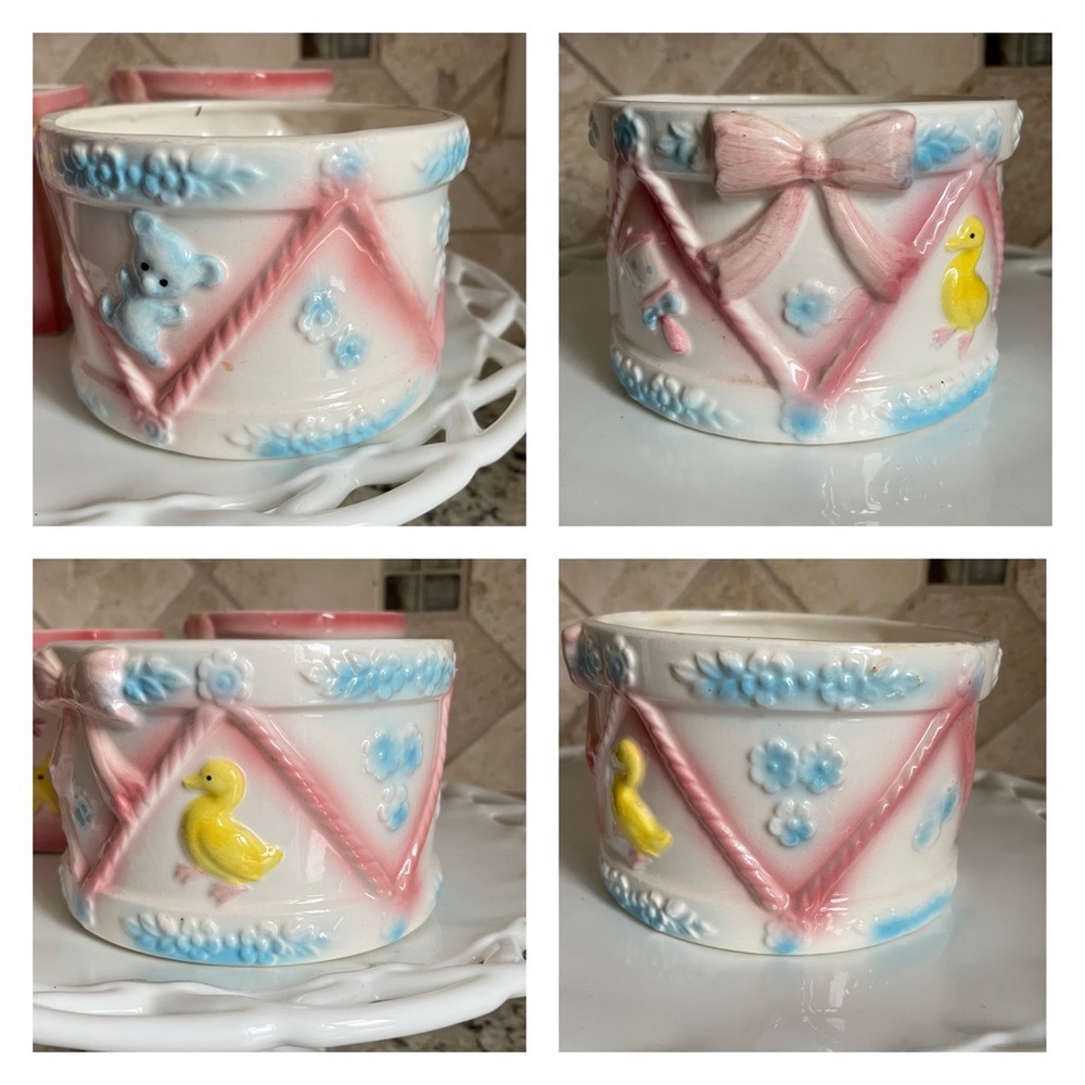 Retro Vintage Ceramic Relpo Baby Nursery Pink Blue Round Planter Vase Holder